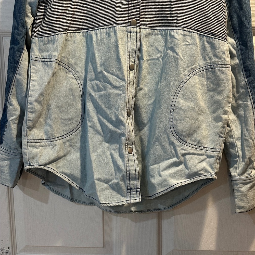 NEW! Free People We The Free Moto Denim Patchwork Colorblock Shirt XS Shacket - Picture 7 of 11